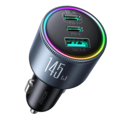 Joyroom Car Charger 3-Port Fast Charging for Vehicles - compact 3-port car charger with PD 100W/45W, QC3.0 ports and RGB ring for fast on-the-go charging