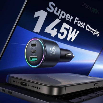 Joyroom Car Charger 3-Port Fast Charging for Vehicles - 145W car charger with PD/QC ports, LED ring and three-device fast charging for smartphones and tablets
