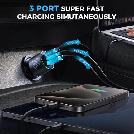 Joyroom Car Charger 3-Port Fast Charging for Vehicles plugged into car DC socket charging three devices with PD100W PD45W and QC30W outputs
