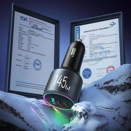 Joyroom Car Charger 3-Port Fast Charging for Vehicles shown with three USB ports, digital 145W display and certification documents