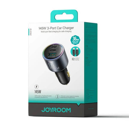 Joyroom Car Charger 3-Port Fast Charging for Vehicles packaged 145W 3-port car charger box showing ports and specs