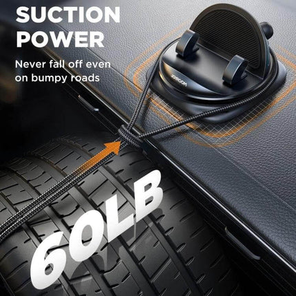 Joyroom 360 Degrees Rotatable Dashboard Car Phone Holder mounted on dashboard with strong suction power, adjustable clamp and 360° rotation for phones