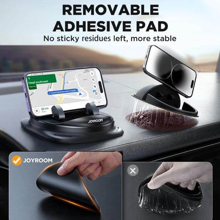 Joyroom 360 Degrees Rotatable Dashboard Car Phone Holder mounted on dashboard with removable adhesive pad holding smartphone in landscape and portrait