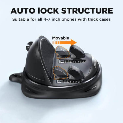Joyroom 360 Degrees Rotatable Dashboard Car Phone Holder showing auto lock structure and movable spring clamp for 4-7 inch phones with cases