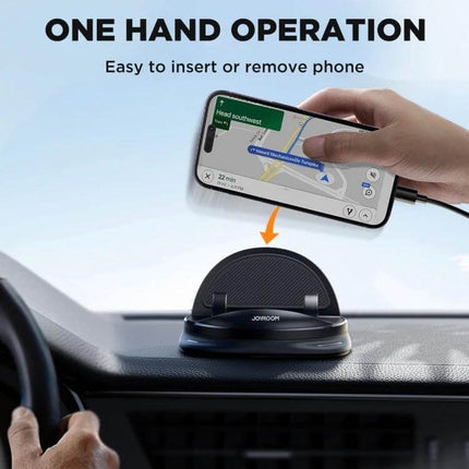 Joyroom 360 Degrees Rotatable Dashboard Car Phone Holder mounted on dashboard showing one-hand operation and portrait navigation view