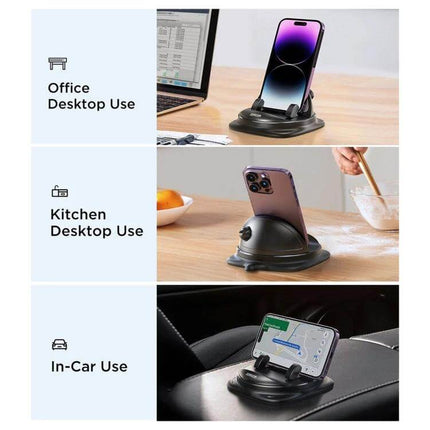 Joyroom 360 Degrees Rotatable Dashboard Car Phone Holder shown on office, kitchen and in-car dashboards holding smartphone in portrait and landscape