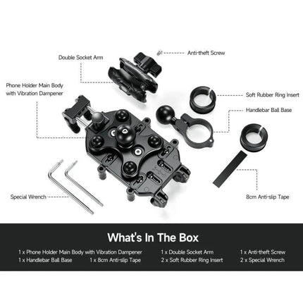 Ulefone Armor Mount Pro Universal Bicycle Handle Phone Holder shown with parts and accessories laid out for installation