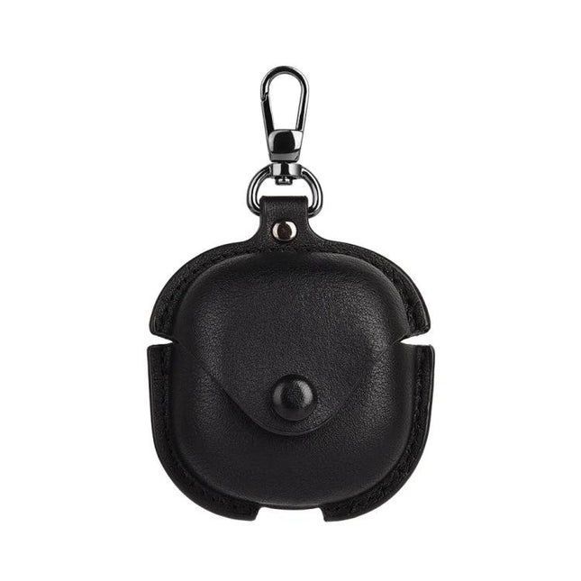 Leather Protective Case for Samsung Earbuds in Daily Use - black PU leather snap case with carabiner clip, slim protective cover allowing charging access