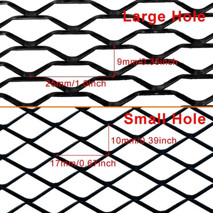 Universal Aluminum Alloy Car Grill Mesh for Debris Protection, 100x33cm - close-up of large and small hole expanded metal pattern with measurements