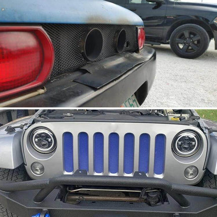 Universal Aluminum Alloy Car Grill Mesh for Debris Protection, 100x33cm installed on front and rear car grilles to block leaves and rocks