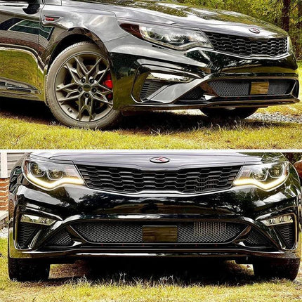 Universal Aluminum Alloy Car Grill Mesh for Debris Protection, 100x33cm installed on black sedan front bumper showing fitted mesh protecting radiator