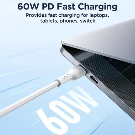 Alt Tag: Joyroom USB-C Cable for Daily Device Charging Needs showing white cable plugged into laptop for 60W PD fast charging