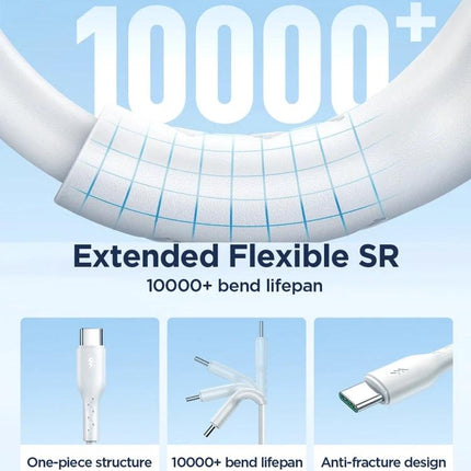 Joyroom USB-C Cable for Daily Device Charging Needs showing 10000+ bend lifespan, extended flexible SR and anti-fracture design