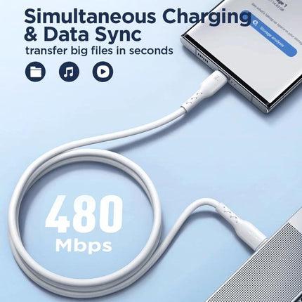 Joyroom USB-C Cable for Daily Device Charging Needs connected between smartphone and laptop showing simultaneous charging and 480 Mbps data transfer