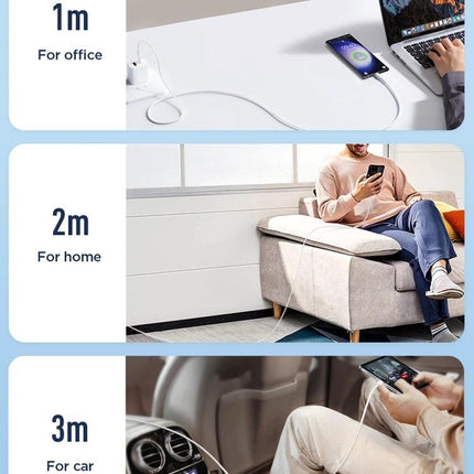 Joyroom USB-C Cable for Daily Device Charging Needs showing 1m 2m 3m length use at office home and car