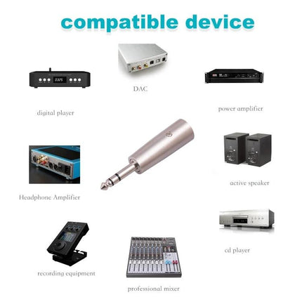 Cable Connector for Home Audio Systems and Performances — XLR to 1/4‑inch TRS adapter shown with compatible devices like DAC, mixer, amp, speakers (silver)