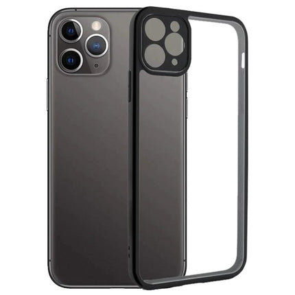 Transparent Protective Case for Everyday iPhone Use showing clear PC back, black bumper, slim fit protecting against scratches and minor impacts