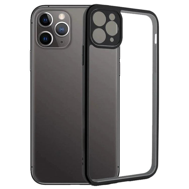 Transparent Protective Case for Everyday iPhone Use showing clear PC back, black bumper, slim fit protecting against scratches and minor impacts