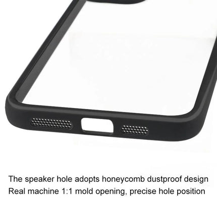 Transparent Protective Case for Everyday iPhone Use showing clear PC back, black bumper, precise honeycomb speaker holes and anti-yellowing protection