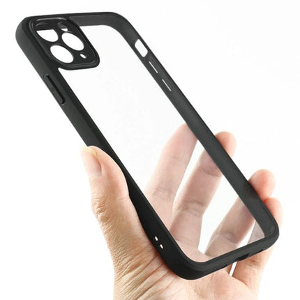 Transparent Protective Case for Everyday iPhone Use showing clear PC back and black bumper, resists yellowing and protects against scratches and minor impacts