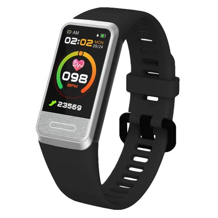 SPOVAN Bracelet for Tracking Daily Health and Activity black fitness tracker showing heart rate, steps and time on display