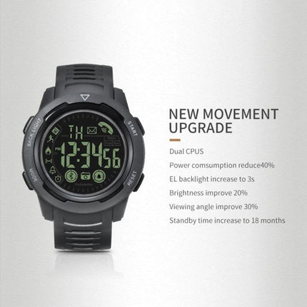 Spovan Waterproof Watch for Daily Fitness and Outdoor Use - black rugged smartwatch showing step, calorie, mileage icons and upgrade features