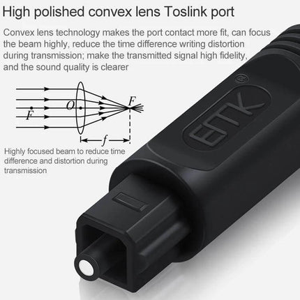 EMK Optical Fiber Cable for Square Port Audio Connections — close-up of Toslink square port connector with convex lens, black molded housing