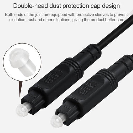 EMK Optical Fiber Cable for Square Port Audio Connections showing dual dust caps and square optical connectors