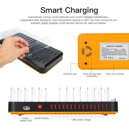 USB Charging Station for Everyday Device Charging at Home on a desk charging multiple smartphones and tablets, compact anti-slip design