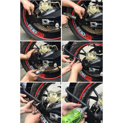 Motorcycle Rear Wheel Fender Mudguard A Style Foot installed on rear wheel showing hands fitting A-style PP foot to flat forks