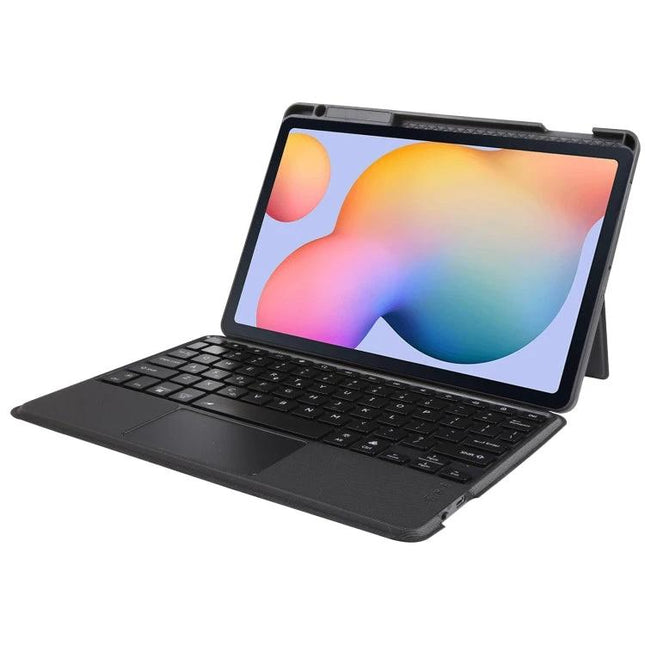 Bluetooth Keyboard Leather Case for Samsung Galaxy Tab S6 Lite 10.4 with Backlight shown in black with backlit keys and protective folio stand