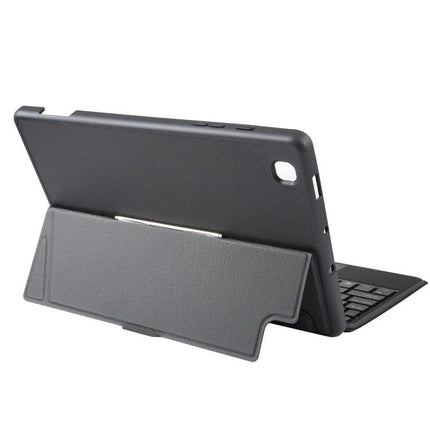 Bluetooth Keyboard Leather Case for Samsung Galaxy Tab S6 Lite 10.4 with Backlight showing black leather folio stand and detachable backlit keyboard