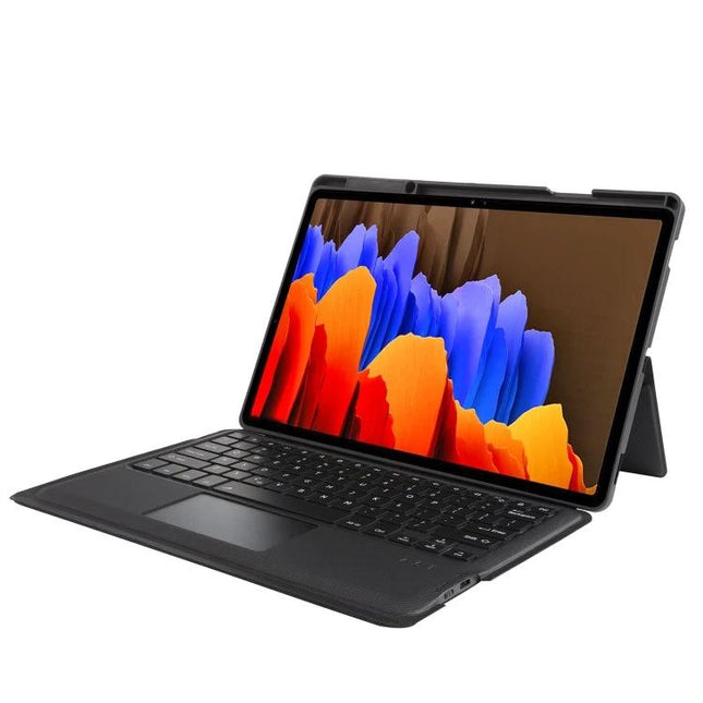 Leather Case with Backlit Bluetooth Keyboard for Samsung Tab S7+ shown open with backlit keys, protective cover and kickstand for typing on the go