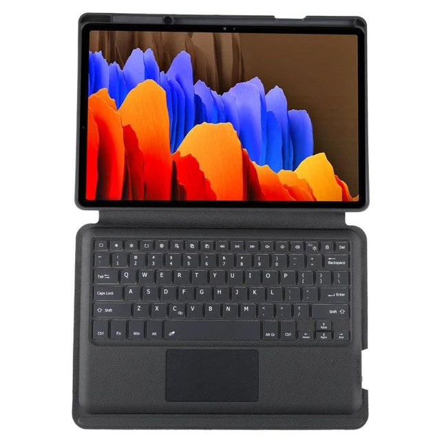 Leather Case with Backlit Bluetooth Keyboard for Samsung Tab S7+ showing tablet in protective folio with backlit keyboard and trackpad