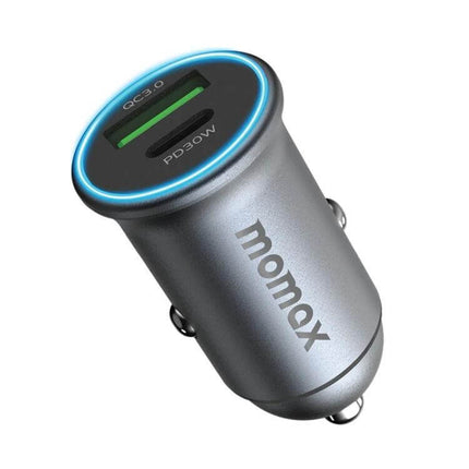 MOMAX Car Fast Charger Dual USB C And USB A Ports For Quick Charging - compact 30W PD USB-C and USB-A car charger with LED ring