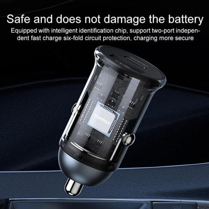 MOMAX Car Fast Charger Dual USB C And USB A Ports For Quick Charging - transparent dual-port car charger showing internal chip, USB-C PD 30W and USB-A outputs