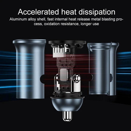 MOMAX Car Fast Charger Dual USB C And USB A Ports For Quick Charging showing exploded view of aluminum alloy shell and internal heat dissipation components
