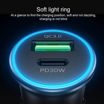 MOMAX Car Fast Charger Dual USB C And USB A Ports For Quick Charging - close-up showing USB-C PD30W and QC3.0 USB-A ports with blue soft light ring