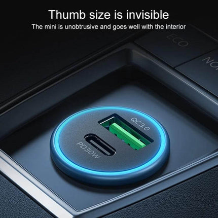 MOMAX Car Fast Charger Dual USB C And USB A Ports For Quick Charging compact blue-ring dual-port car charger in cup holder, PD 30W USB-C and QC USB-A
