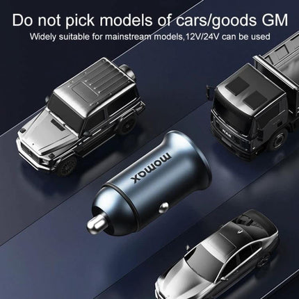 MOMAX Car Fast Charger Dual USB C And USB A Ports For Quick Charging - compact metallic car charger with USB-C PD 30W and USB-A port, shown with cars