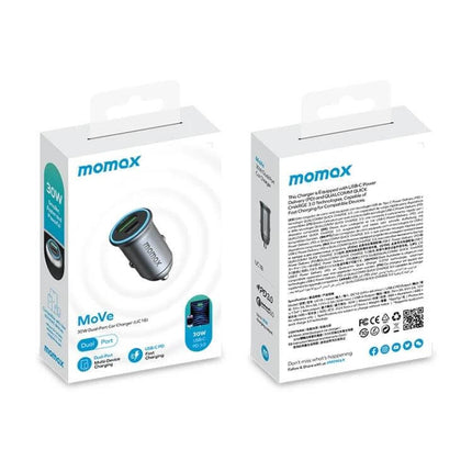MOMAX Car Fast Charger Dual USB C And USB A Ports For Quick Charging - dual-port 30W USB-C PD and USB-A car charger in retail box