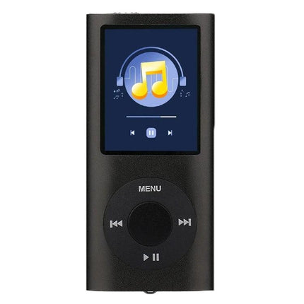 Portable MP4 Player with 1.8-Inch Screen for Music Playback showing black device with 1.8-inch screen, playback icons and wheel controls