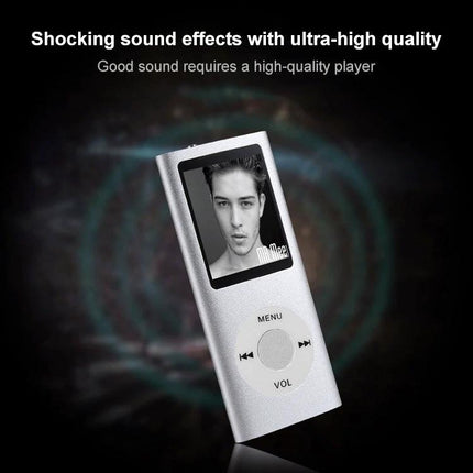 Portable MP4 Player with 1.8-Inch Screen for Music Playback showing silver 1.8-inch TFT screen MP4 player with menu wheel and portrait photo