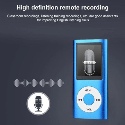 Portable MP4 Player with 1.8-Inch Screen for Music Playback blue device showing microphone icon and playback controls