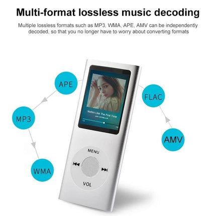 Portable MP4 Player with 1.8-Inch Screen for Music Playback showing 1.8-inch TFT display, music playback, multi-format support (MP3, WMA, APE, FLAC, AMV)