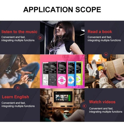 Portable MP4 Player with 1.8-Inch Screen for Music Playback showing colorful devices and usage scenarios (commuting, exercise, reading, videos)