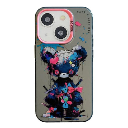 Animal Pattern iPhone Case for Everyday Use with colorful graffiti teddy design, TPU core PC back, raised lip camera and screen protection