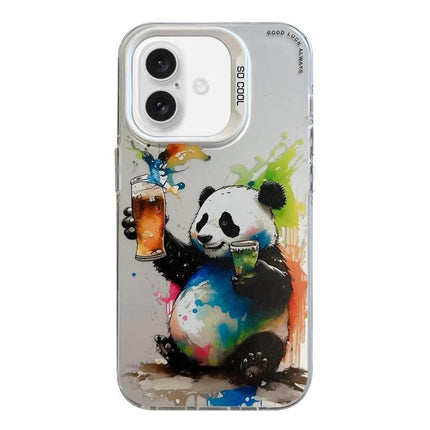 Animal Pattern iPhone Case for Everyday Protection featuring playful watercolor panda holding drinks on clear dual-layer protective case