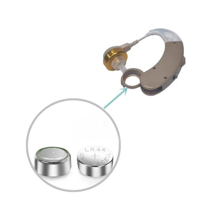 KAIXINWEI Earhook Hearing Aid for Everyday Sound Amplification showing compact wireless earhook and LR44 batteries