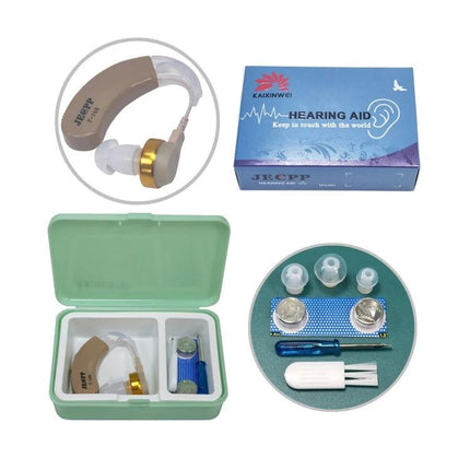 KAIXINWEI Earhook Hearing Aid for Everyday Sound Amplification in green storage case with accessories